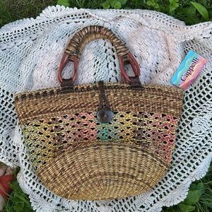 NWT Cappelli Straw Tote Multicolor Woven Market Bag Hippie Boho Cottage Purse